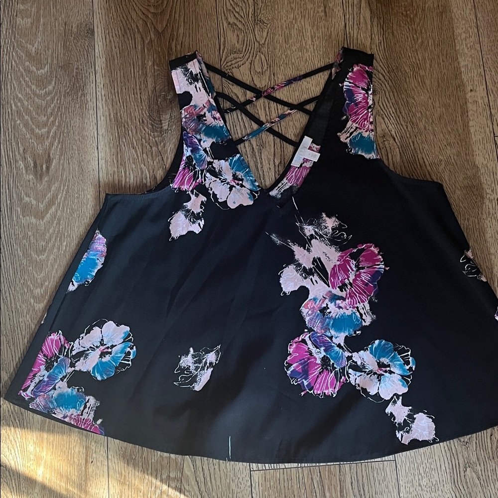 Abound Black Floral Cross-Back Tank Top